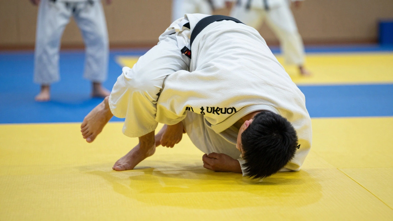 Спортсмен отрабатывает технику безопасного падения укэми на матах