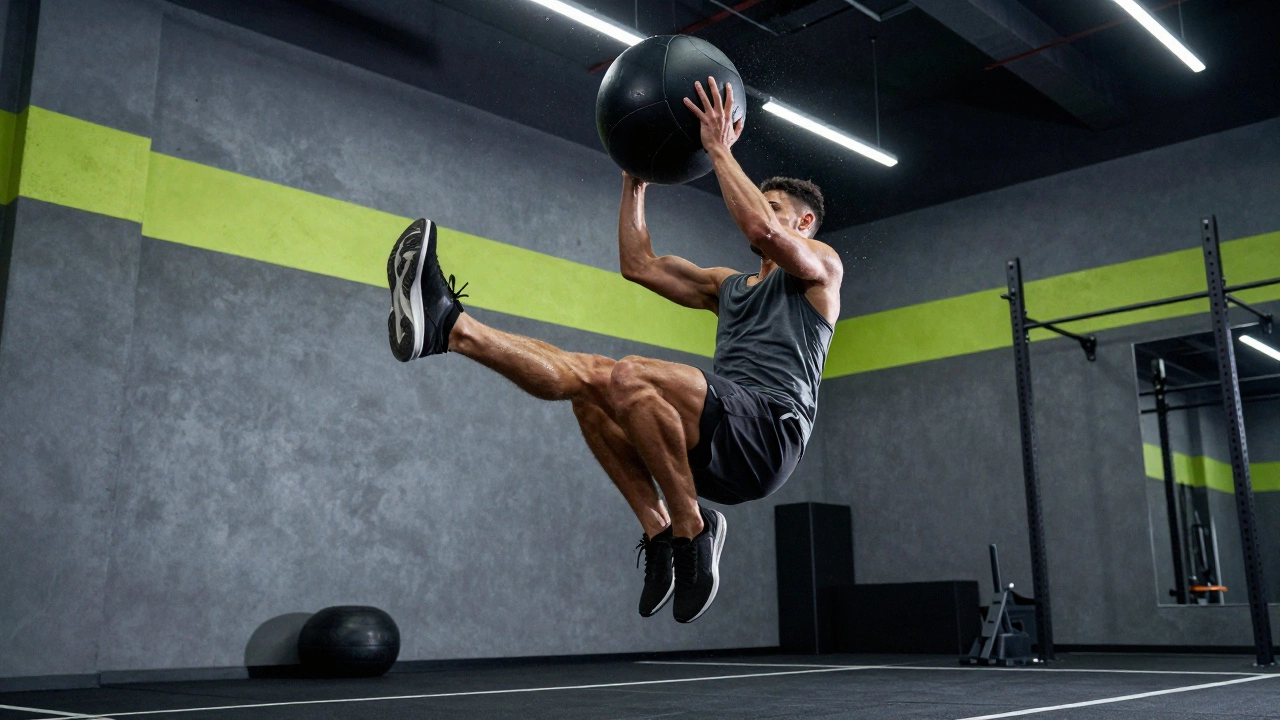 Спортсмен выполняет взрывное упражнение с набивным мячом для силы удара