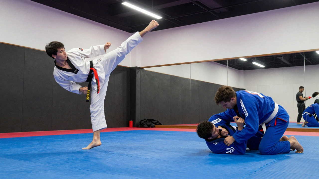 Тренировки по тхэквондо и бразильскому джиу-джитсу в зале