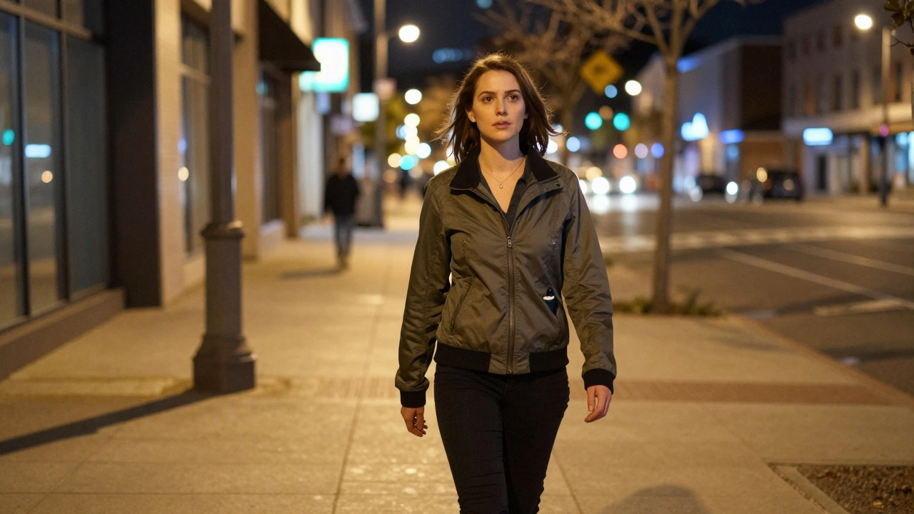 Уверенная женщина с средством самообороны в кармане на ночной улице