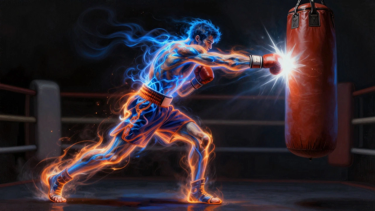 Визуализация потока кинетической энергии от ног к кулаку при ударе