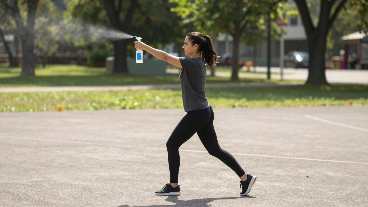 Женщина отрабатывает навыки самообороны и технику отступления в парке.