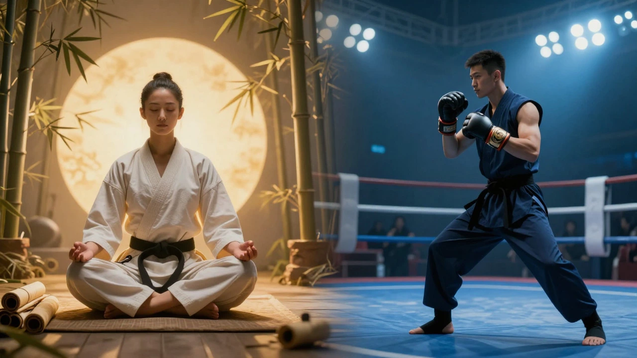 Split image contrasting meditative martial arts with competitive boxing