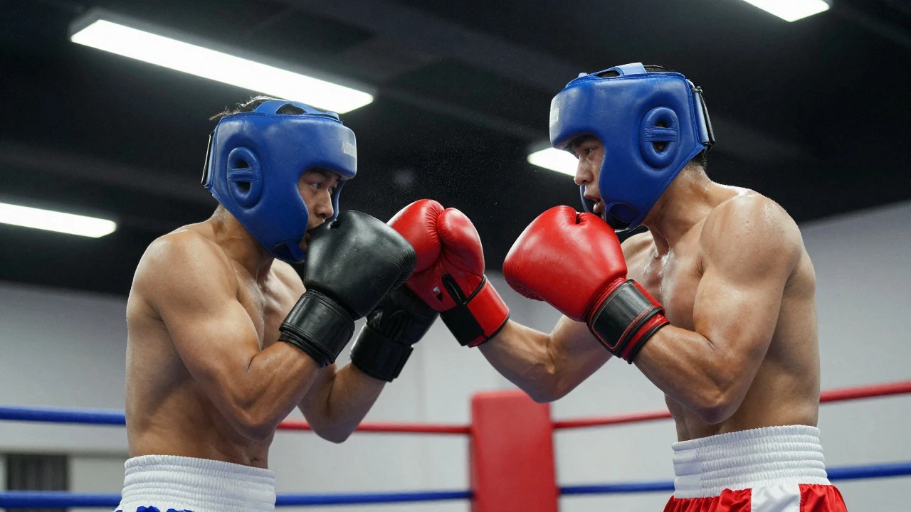 Two boxers sparring intensely in a brightly lit gym ring